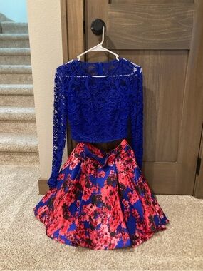 Junior b darlin homecoming prom 2 piece long sleeve lace top blue pink skirt 3/4